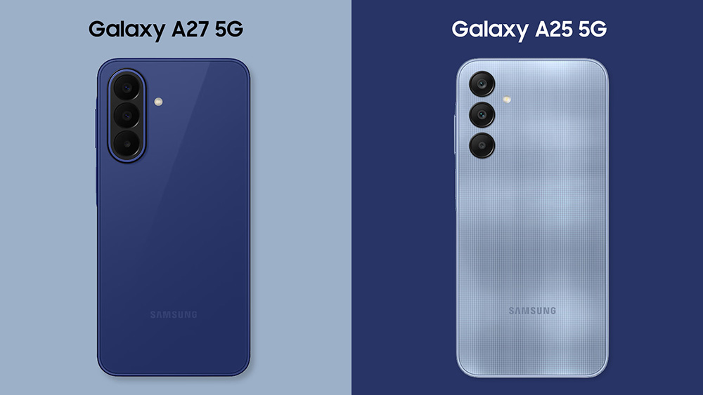 Perbandingan desain Galaxy A27 5G dan Galaxy A25 5G yang menunjukkan peningkatan desain premium serta pengalaman penggunaan yang lebih baik pada Galaxy A27 5G.