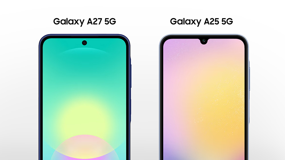 Perbandingan tampilan depan Galaxy A27 5G dan Galaxy A25 5G yang memperlihatkan desain Infinity-O Display pada Galaxy A27 5G dengan bezel lebih tipis dibanding Galaxy A25 5G.