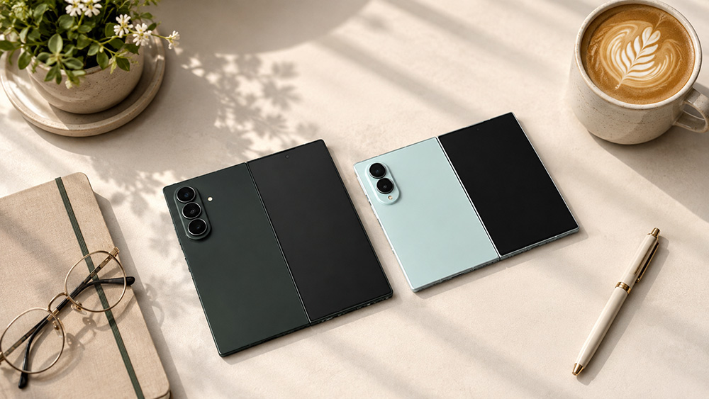 Galaxy Z Fold8 Ultra dalam varian warna online exclusive Green Shadow dan Galaxy Z Fold8 dalam varian warna online exclusive Pistachio yang mampu mendukung pengguna untuk berbagai aktivitas, dari produktivitas hingga content creation, serta entertainment. 