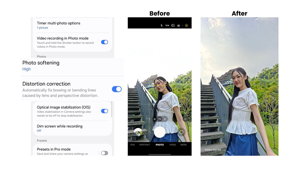 Menu Camera Assistant dengan Photo softening High dan Distortion correction aktif, plus foto potret before-after