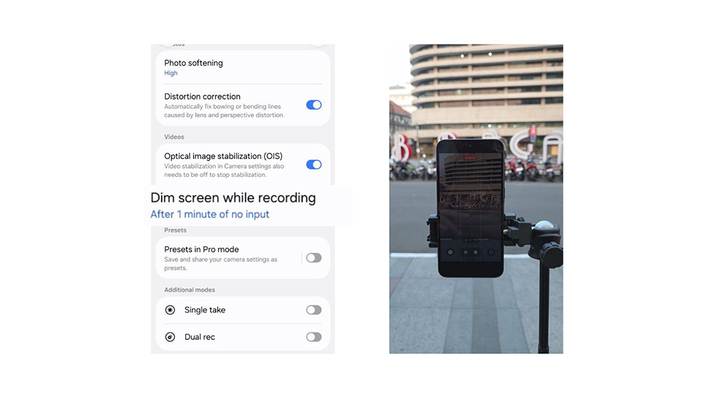 Pengaturan Dim screen while recording aktif setelah 1 menit tanpa input, ponsel merekam video di tripod