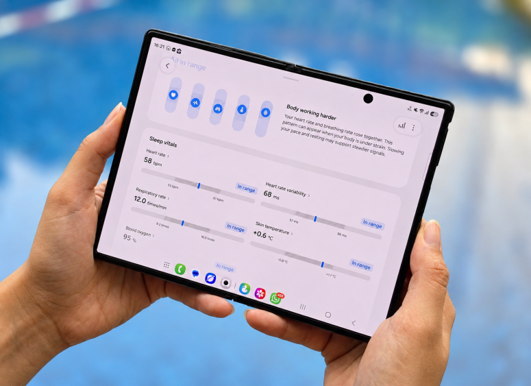 Tampilan Vitals di Samsung Health menampilkan lima indikator kesehatan beserta rentang personal pengguna.