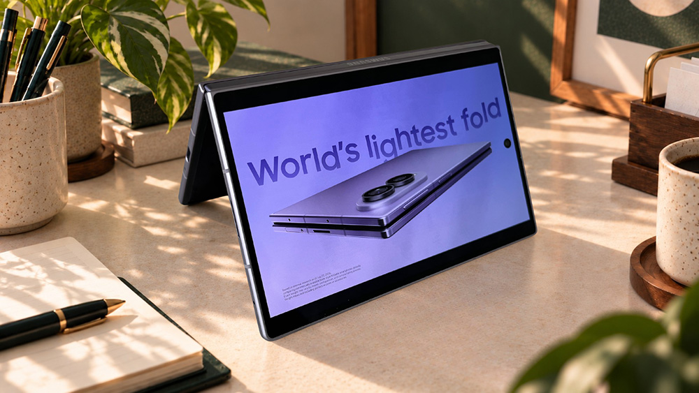 Galaxy Z Fold8 dalam posisi Flex Mode, menampilkan layar foldable berukuran luas dengan desain yang ramping dan engsel yang memungkinkan perangkat digunakan dalam berbagai posisi.
