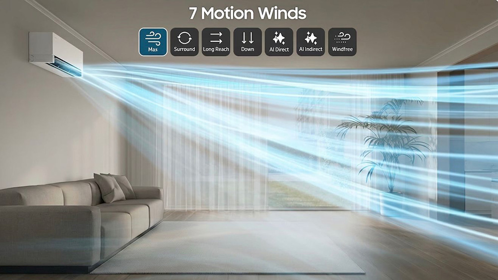 Samsung AC Neo WindFree Ultra mengalirkan udara sejuk ke seluruh ruang keluarga.