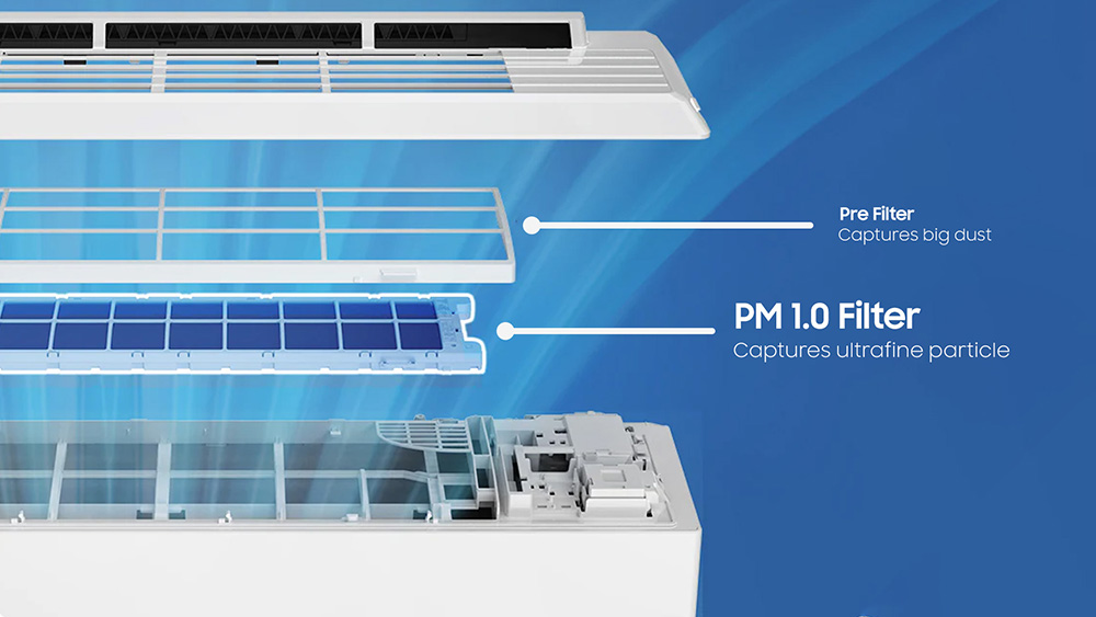 Samsung AC Neo WindFree Ultra dengan panel terbuka memperlihatkan filter udara.