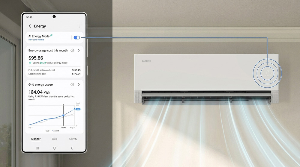Samsung AC Neo WindFree Ultra dengan tampilan aplikasi SmartThings yang menunjukkan fitur AI Energy Mode dan pemantauan konsumsi listrik.