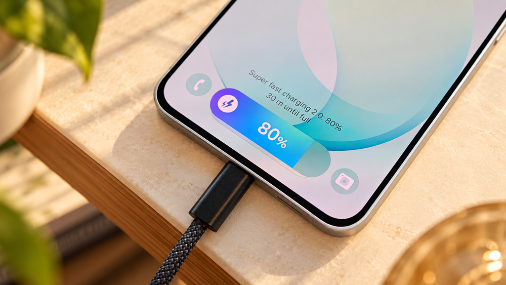 Tampilan Galaxy S26 FE saat mengisi daya dengan indikator 80% dan estimasi 30 menit hingga penuh