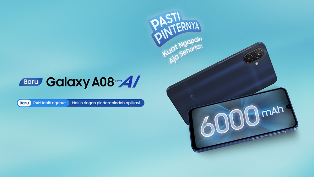 Samsung Galaxy A08 hadir dengan baterai 6.000 mAh, RAM LPDDR5, dan fitur AI.