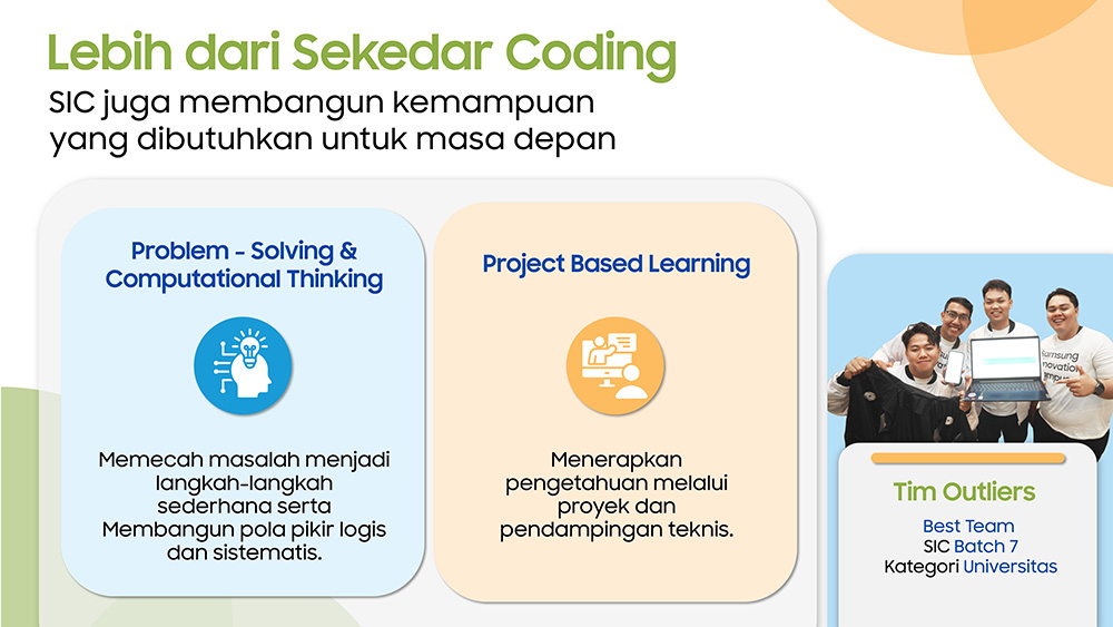 Infografis pembelajaran Samsung Innovation Campus lebih dari sekedar coding, namun problem solving, computational thinking, hingga project based learning.