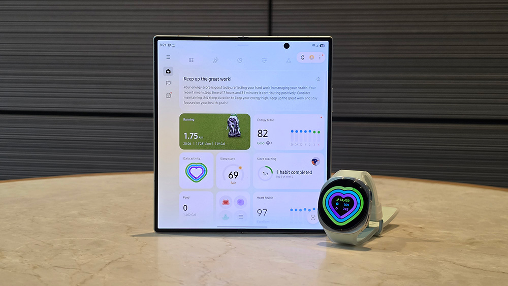 Galaxy Watch9 dan Galaxy Z Fold8 Ultra menampilkan informasi kondisi tubuh melalui Samsung Health sebagai referensi sebelum latihan.