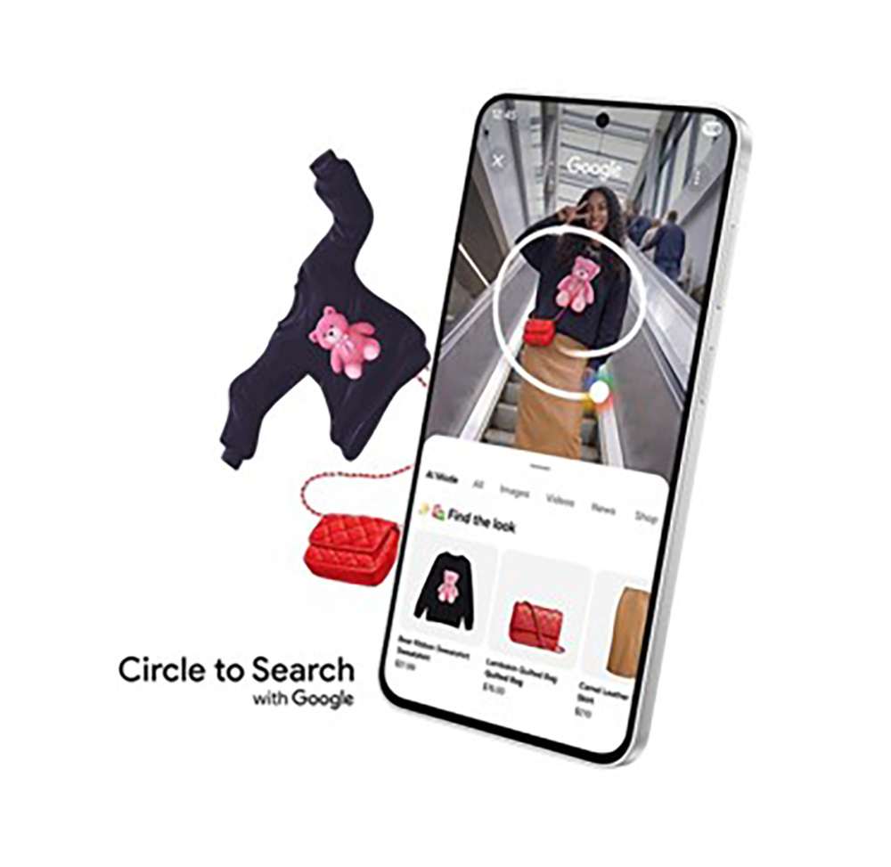 Galaxy S26 FE ditampilkan dalam posisi tegak dengan layar menghadap ke depan, menampilkan seorang perempuan muda. Dua item pakaiannya, yaitu tas dan sweter, dilingkari menggunakan fitur Circle to Search with Google. Kedua item tersebut kemudian muncul dalam hasil pencarian di bagian bawah layar dan terlihat seolah-olah keluar dari layar.