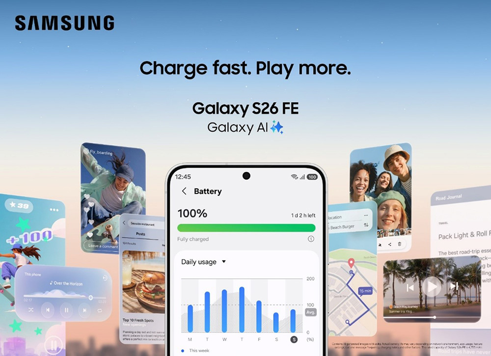 Gambar menampilkan smartphone Samsung Galaxy S26 FE dengan indikator pengisian daya baterai, berbagai aplikasi, serta peta yang menunjukkan destinasi pantai. Konten yang dihasilkan AI mungkin tidak sepenuhnya akurat.