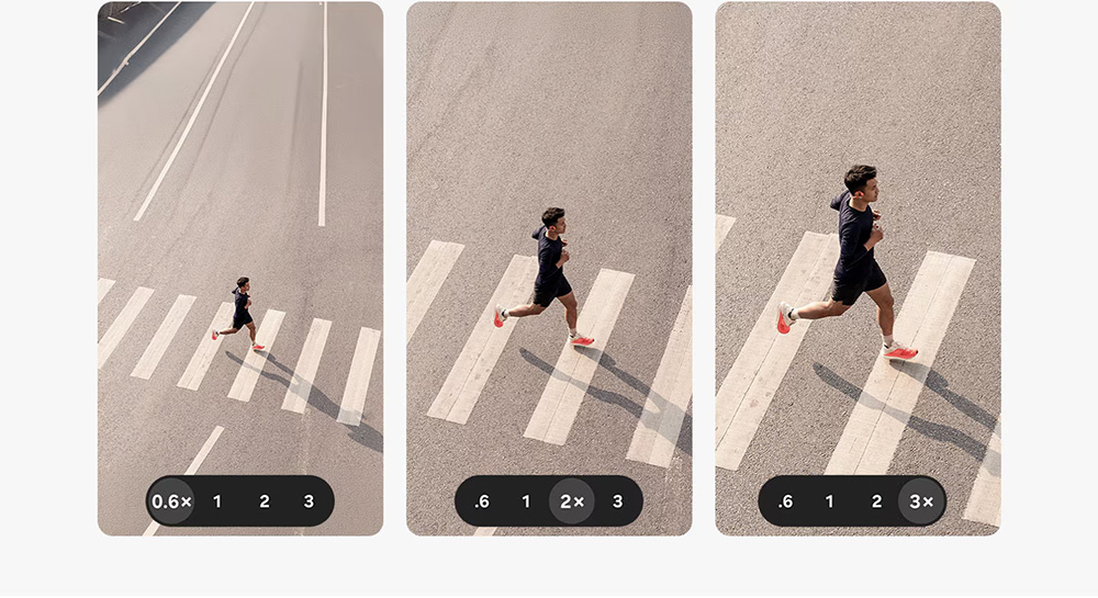 Tiga tangkapan layar kamera Samsung Galaxy S26 FE memotret seorang pelari di zebra cross dengan level zoom 0.6x, 2x, dan 3x, menunjukkan fleksibilitas kamera flagship dari ultra-wide hingga 3x optical zoom untuk mengabadikan momen dari berbagai jarak.