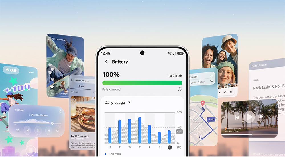 Layar Samsung Galaxy S26 FE menampilkan status baterai penuh dan grafik pemakaian harian, dikelilingi tampilan game, media sosial, musik, peta, dan video, menggambarkan performa Exynos 2500 dan baterai 4.900 mAh yang mendukung gaming dan multitasking sepanjang hari.