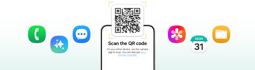 Layar Samsung Galaxy S26 FE menampilkan QR code Smart Switch yang dikelilingi ikon telepon, pesan, galeri, kalender, dan file, menggambarkan kemudahan memindahkan data dari smartphone lama ke Galaxy secara nirkabel tanpa perlu aplikasi tambahan.