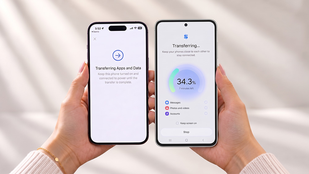 Dua tangan memegang smartphone lama dan Galaxy S26 FE berdampingan. Layar Galaxy S26 FE menunjukkan Smart Switch sedang memindahkan data.