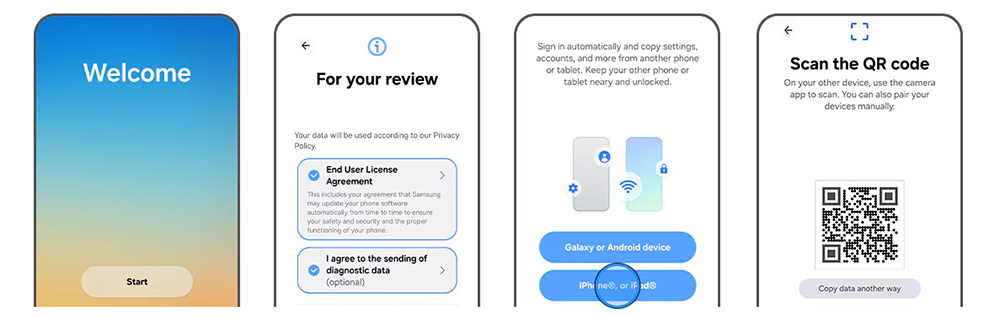 Empat layar Smart Switch di Galaxy S26 FE secara berurutan: layar pembuka, persetujuan ketentuan, pilihan perangkat lama, dan QR code untuk dipindai.