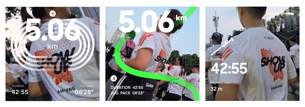 Tampilan ringkasan lari Samsung Health dengan overlay yang menampilkan jarak 5,06 km, durasi 42:55, pace rata-rata 8'28" per km pada 24 Oktober 2026