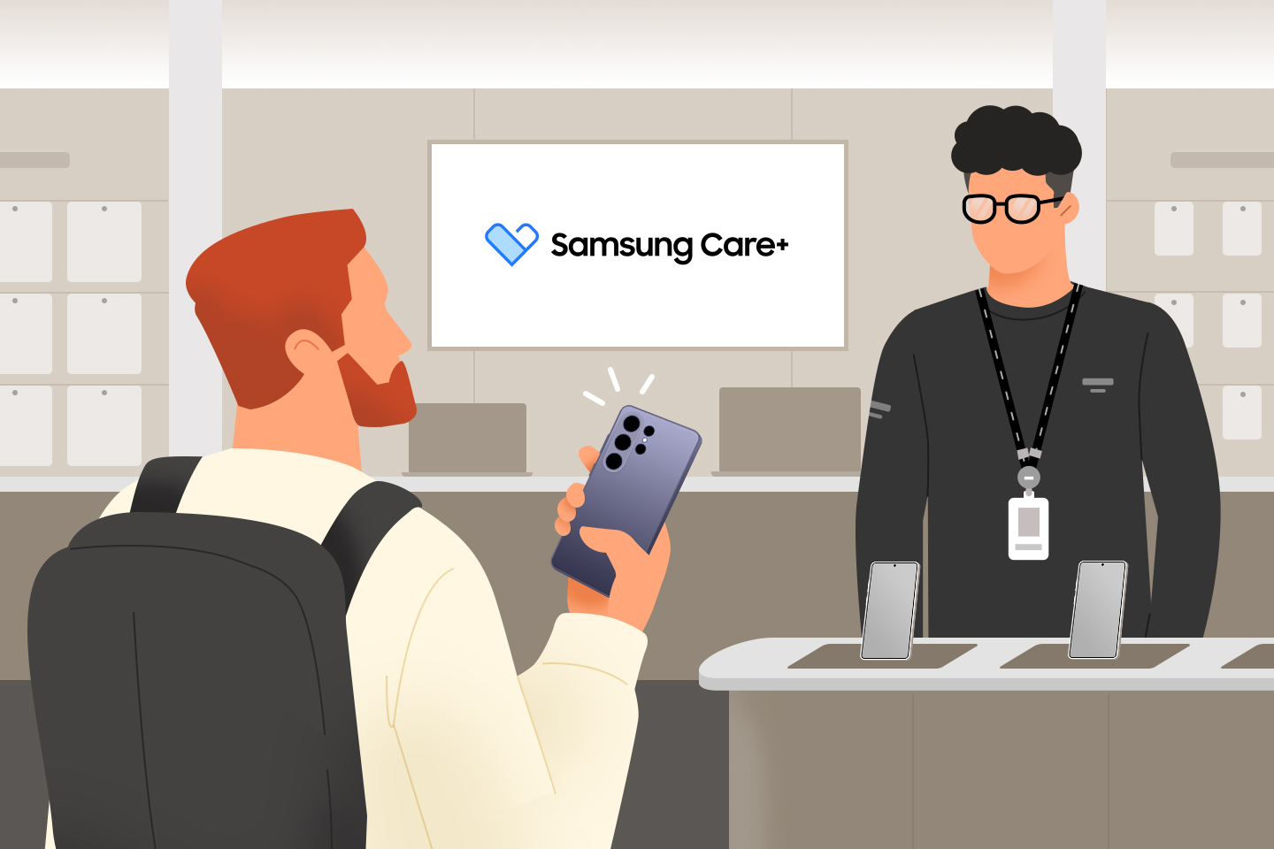 ▲ يقدم فنيون محترفون خدمة +Samsung Care للمستخدمين في جميع مراكز الصيانة المعتمدة من سامسونج في دولة الإقامة وخارجها.