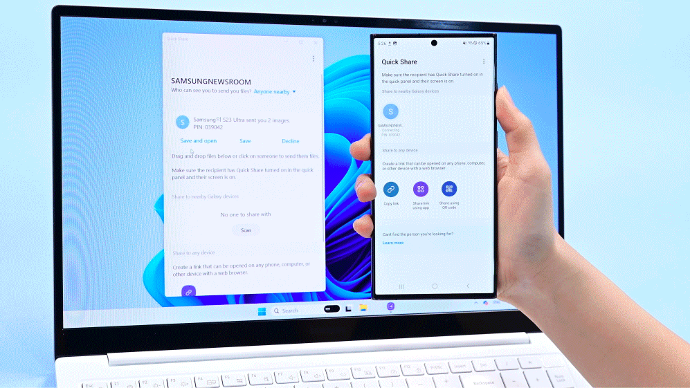 ▲ Compartir archivos desde un dispositivo móvil Galaxy a un Galaxy Book con la función Quick Share