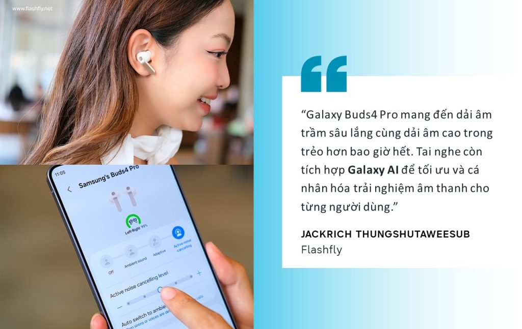Galaxy Buds4 Pro định chuẩn chất âm mới cho trải nghiệm âm thanh với hệ thống loa kép gồm loa woofer và tweeter chuyên biệt, mang đến dải âm trầm sâu hơn cùng dải âm cao trong trẻo hơn bao giờ hết. 