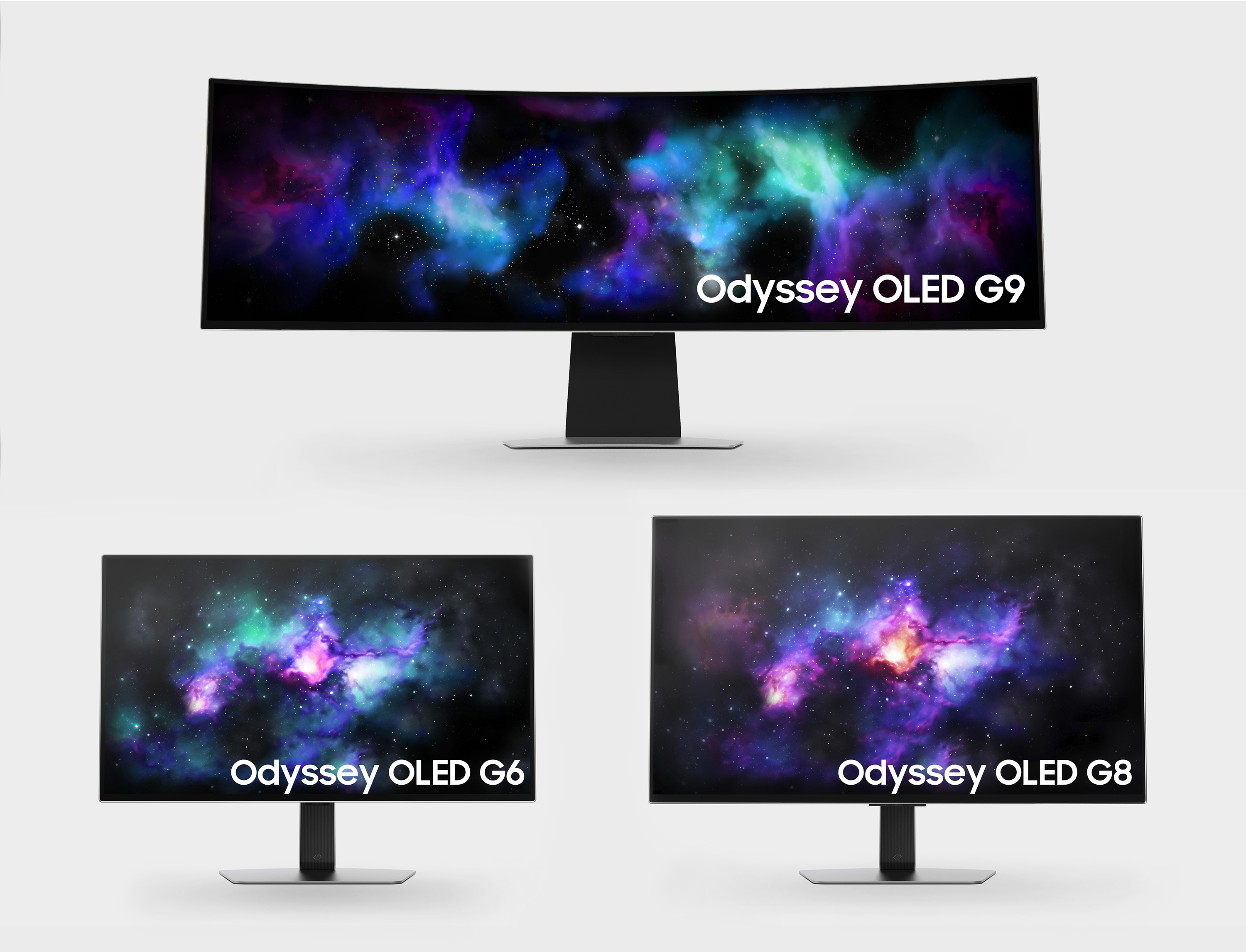 Samsung Odyssey OLED G95SD, G80SD and G60SD curved gaming monitors shown side by side